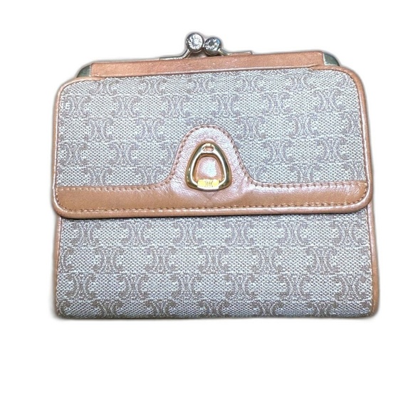 Vintage CELINE Macadam Kiss Lock Wallet Beige Gold Hardware
